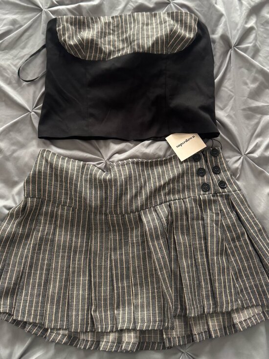 superdown Dresses & Skirts - superdown Black Strapless Bustier with Gray Pinstripe Pleated Skirt